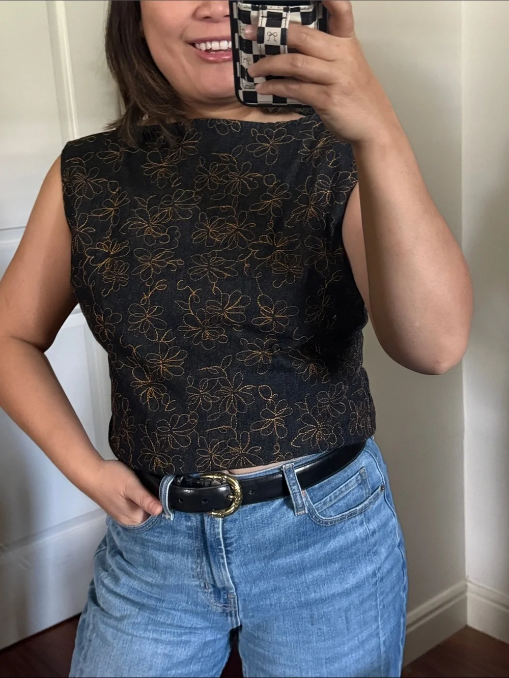 Classic Denim Vintage K&R Cropped Zip Back Top with Embroidered. M
